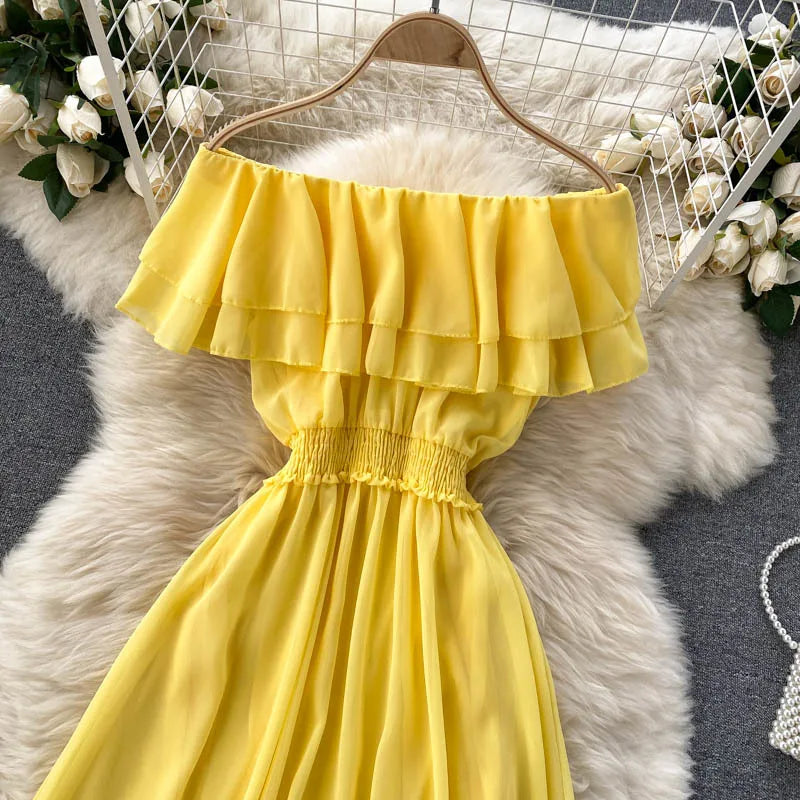 Women Chiffon Beach Dress Sexy Double Layer Ruffled Off The Shoulder Boho Dresses Ladies Sweet Slash Neck Long Dress