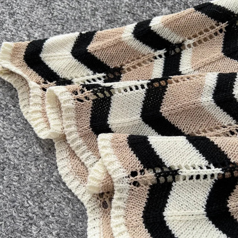 Korea Fashion Vintage Contrast Wavy O-neck Long Sleeve Knitted Sweater Tops High Waist Slim Skirt Women Two-piece Sets Autumn