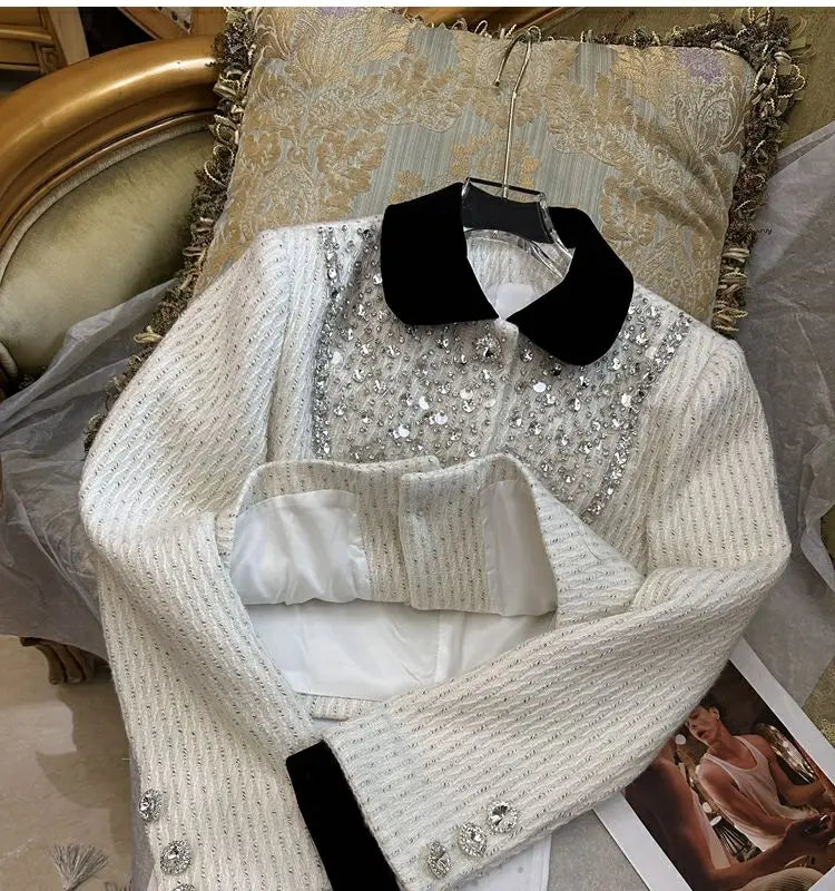Spring Rhinestone Decoration Tweed Jacket for Women Exquisite Elegant Female Sequin Coat Autumn Trendy Commuter Crop Outerwear