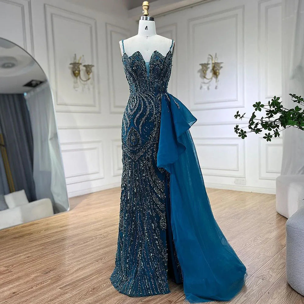 SERENE HILL 2024 Turquoise Spaghetti Strap Luxury Beaded Evening Dresses Mermaid Elegant Overskirt Gown For Women Party GLA72378