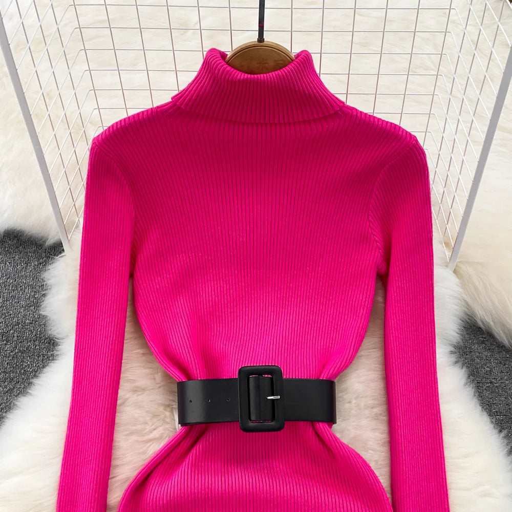 Elegant Turtleneck Long Sleeve Knit Soft Tight Pencil Dress with Belt Slim Fashion Warm Sweater Vestido Sexy Women Winter Robe