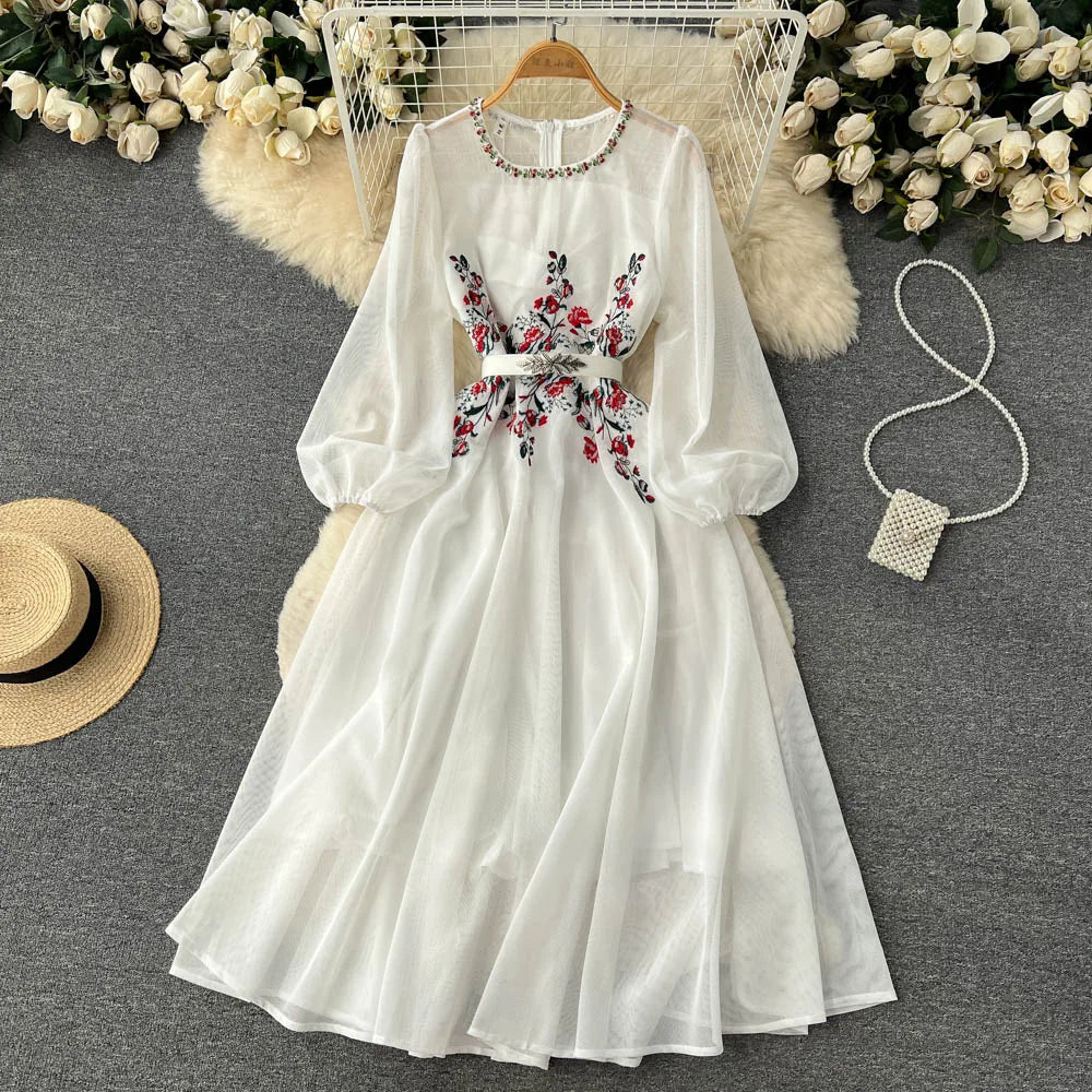 New Fashion Autumn White/Beige Beading Embroidery Long Dress For Women Elegant O Neck Puff Sleeve High Waist Elegant Party Robe