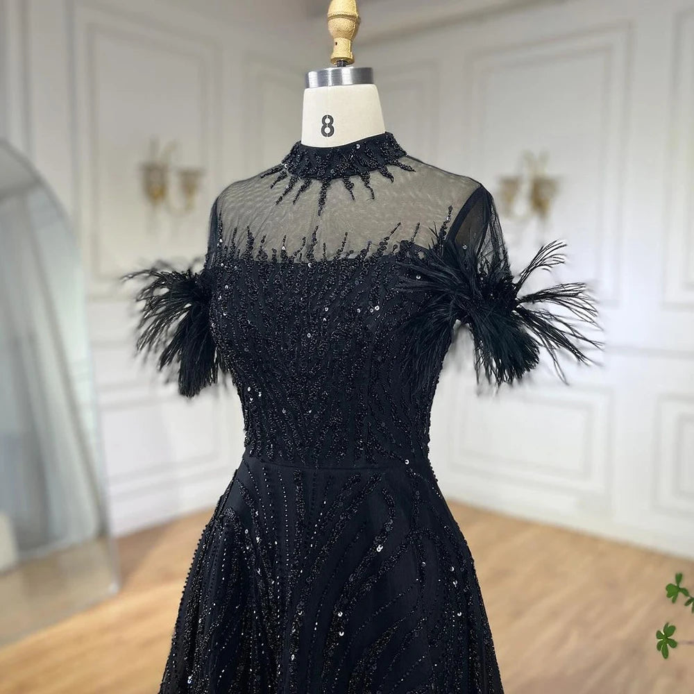 Serene Hill 2024 Arabic blue A Line Short Sleeveless Luxury Evening Dresses Beaded Feathers For Women Wedding Party LA72351