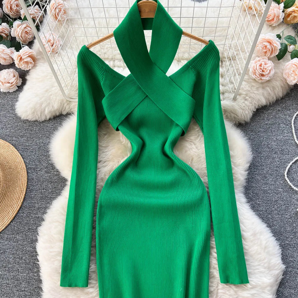 Chic Sexy Criss-cross Halter Elegant Pencil Dress Fashion Slim Knit Long Sleeve Birthday Party Vestidos Women Autumn Winter Robe