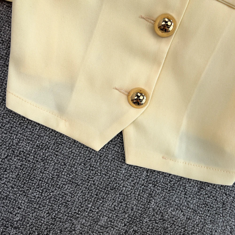 Chic Two Pieces Sets Sexy Single Breasted puff sleeve sweet blouse with Fashion basics A-line Skirt Vacation Sets