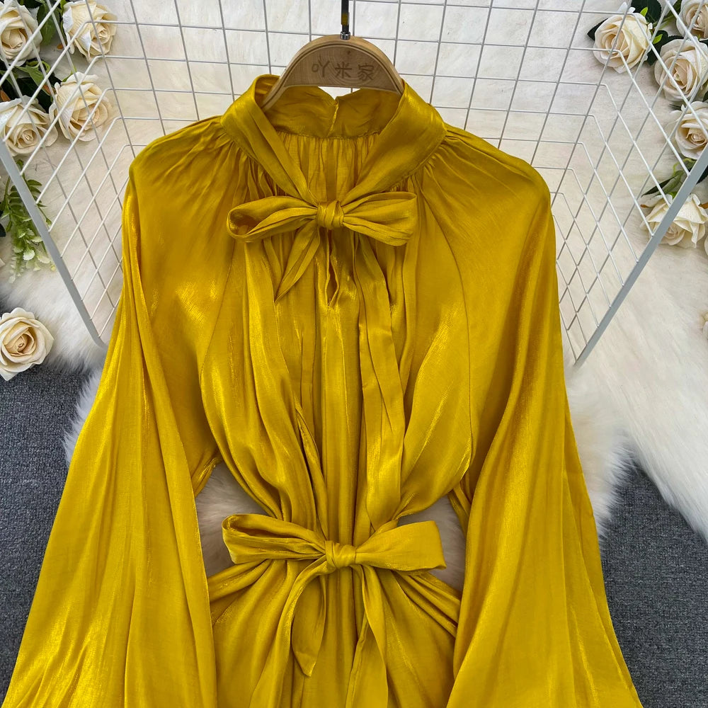 Autumn Elegant Women Fashion Party Long Dress Bow Lace Up Long Sleeve Evening Dresses A-Line Casual Vestidos One Piece Prom Robe