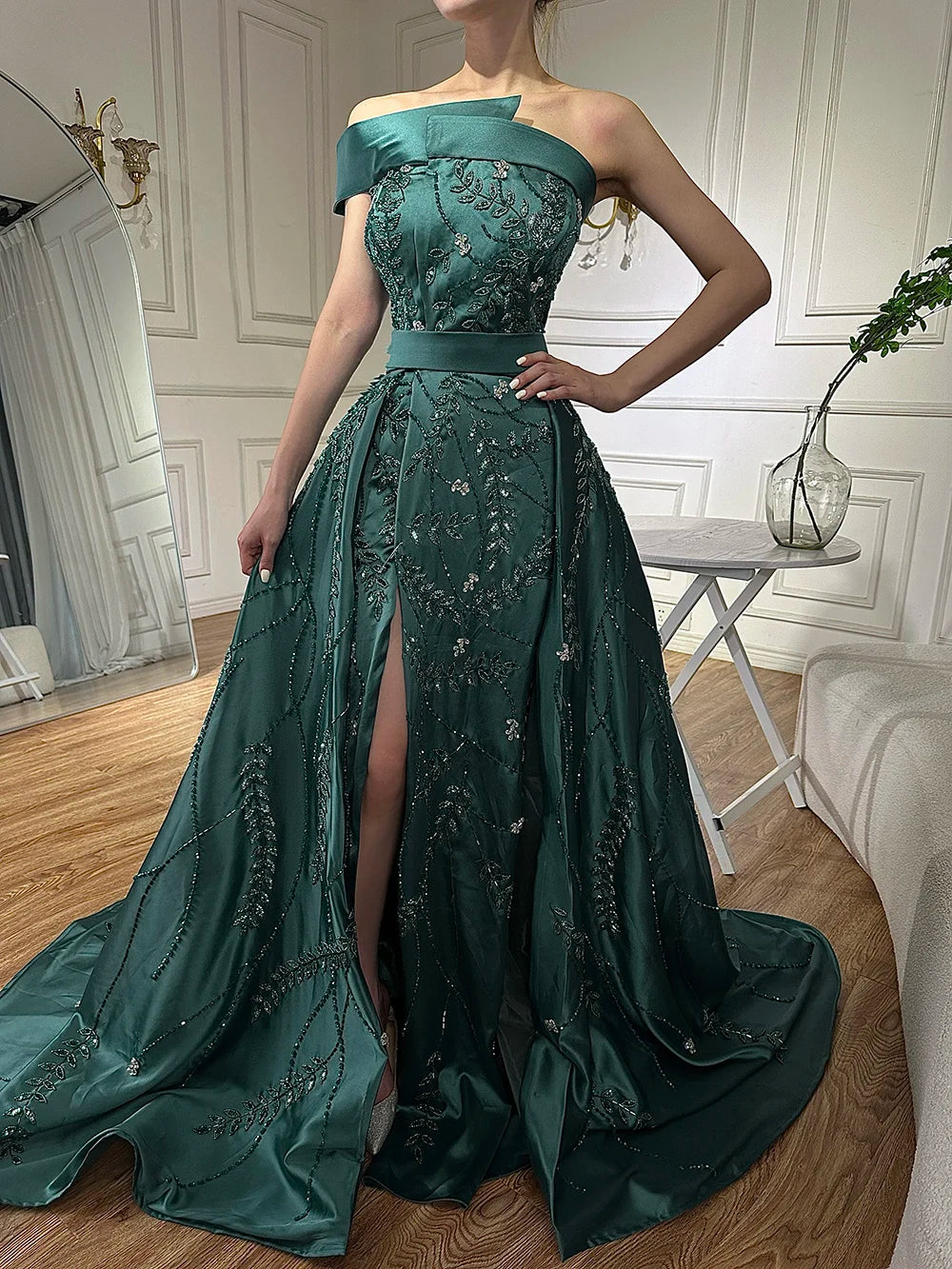 Serene Hill 2024 Green Arabic One-Shoulder Satin Evening Gown Beaded Dress with Overskirt and Split for Formal Occasion LA72178