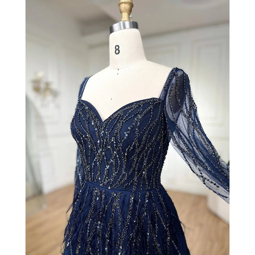 Serene Hill Arabic Red Elegant A Line For Women Long Sleeves Evening Dress Luxury Beaded Handmade Feathers 2024 LA71468