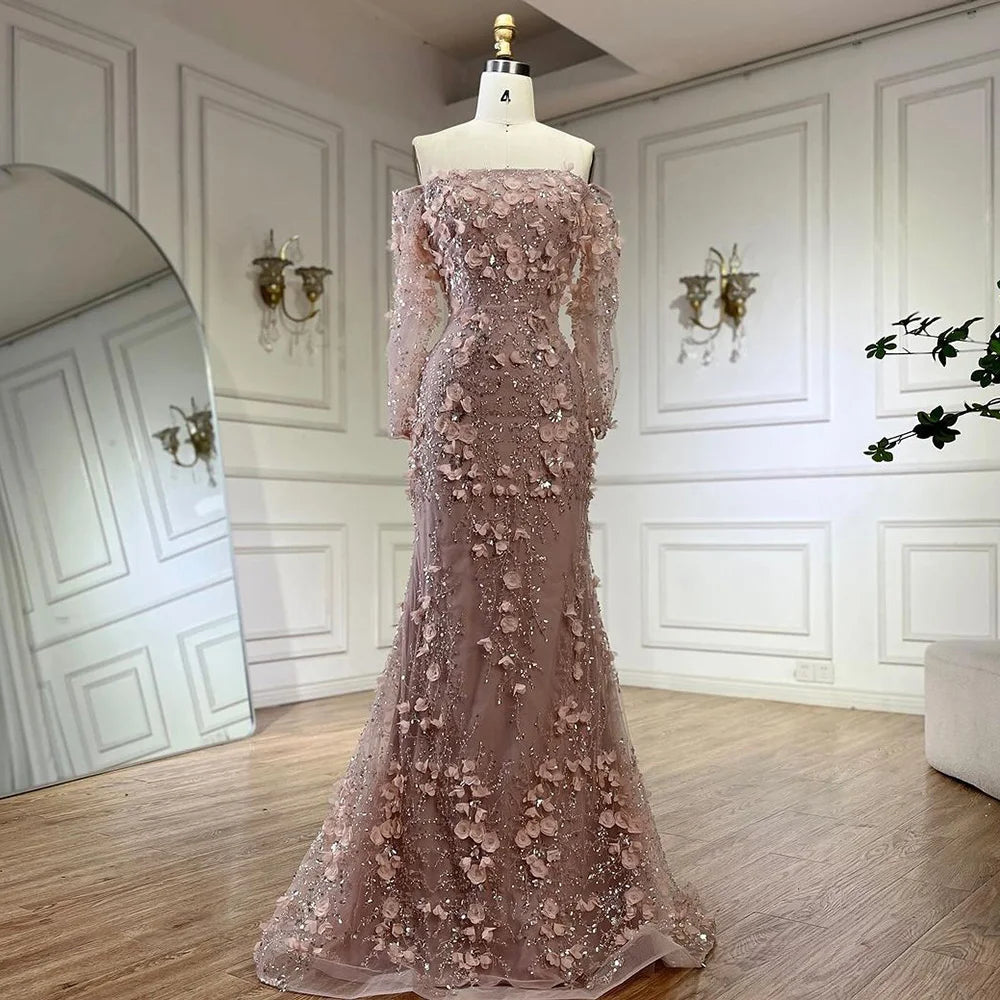 Serene Hill 2024 Pink Strapless Back Lace-Up Mermaid Evening Gown with Overskirt and Appliques for Women | Wedding Party LA72641