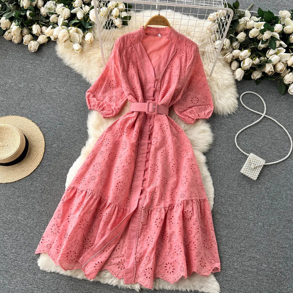 Summer V-neck Hollow Out Dress Women Bubble Sleeves Loose Embroidered Ruffle Edge Long Dresses Ladies Elegant Casual Long Robe