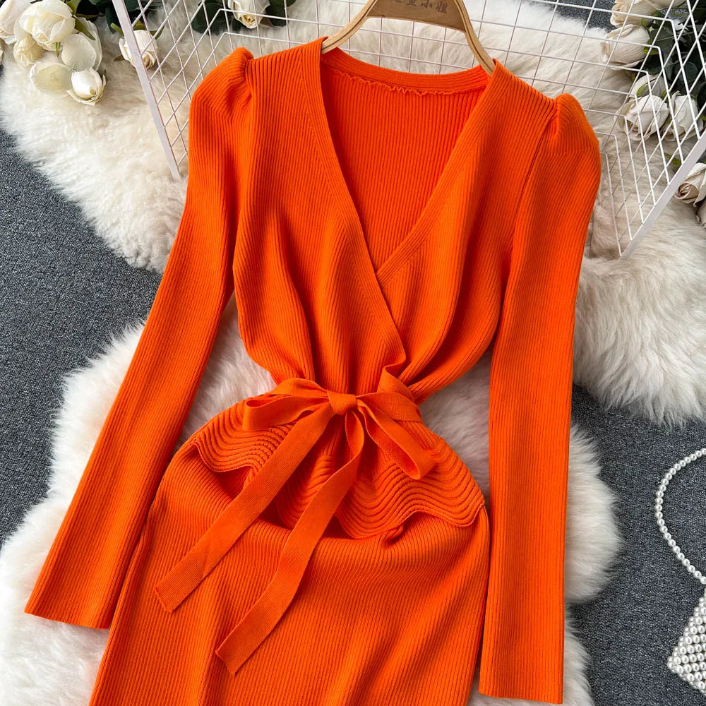 Women Long Sleeve V Neck Sexy Knit Bodycon Dress Chic Vintage Lace Up French Fashion Vestidos Party Elegant Fashion Dresses Y2k