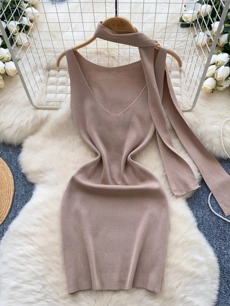Sexy V-Neck Knitted Mini Dress for Women Elegant Spaghetti Strap Ribbon Slim Dresses One Piece Solid Female Clothes Autumn New