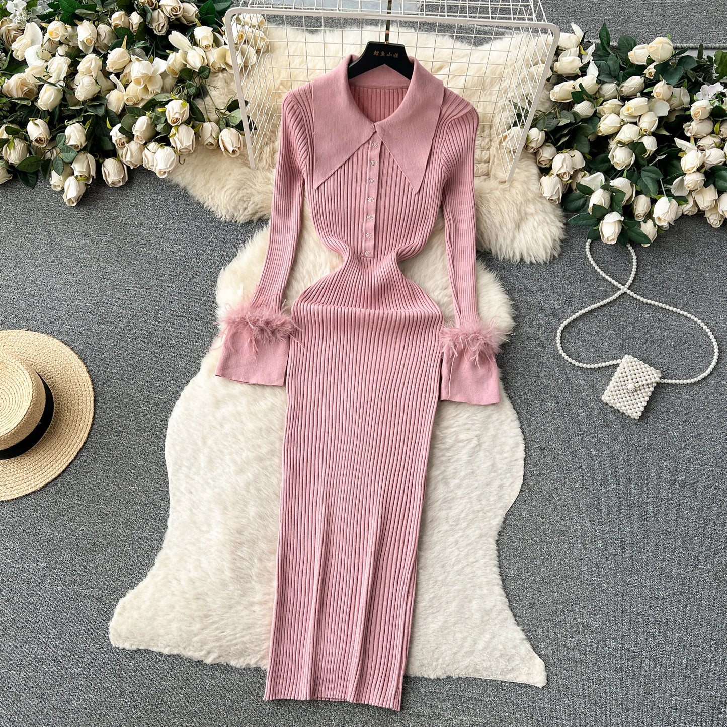 Elegant Turn-down Collar Feather Long Sleeve Knit Bodycon Pencil Dress Slim Fashion Sweater Vestido Sexy Women Winter Clothing
