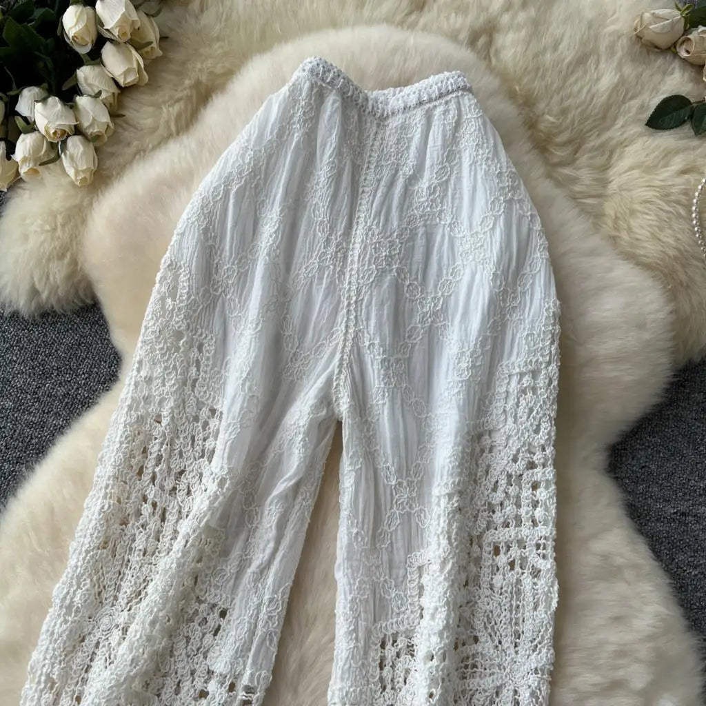 Korean Fashion Women Knitting Trousers Autumn Embroidery Splice Hollow Out High Waist Loose Casual Beach Long Wide Leg Pants New