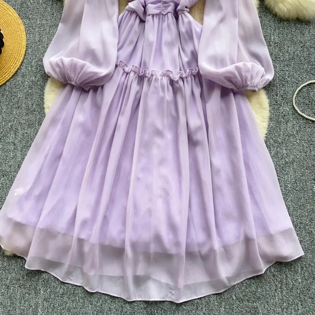 Elegant Tassel Beaded Lantern Sleeve Midi Dress Women French Stand Collar Slim A-Line Pleated Female One Piece Casual Mujer New
