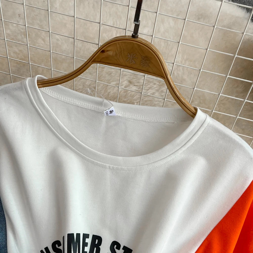 Women Summer Casual T Shirt Short Sleeve Streetwear Patchwork Denim Long Shirts Female O-neck Slim Jeans Tops