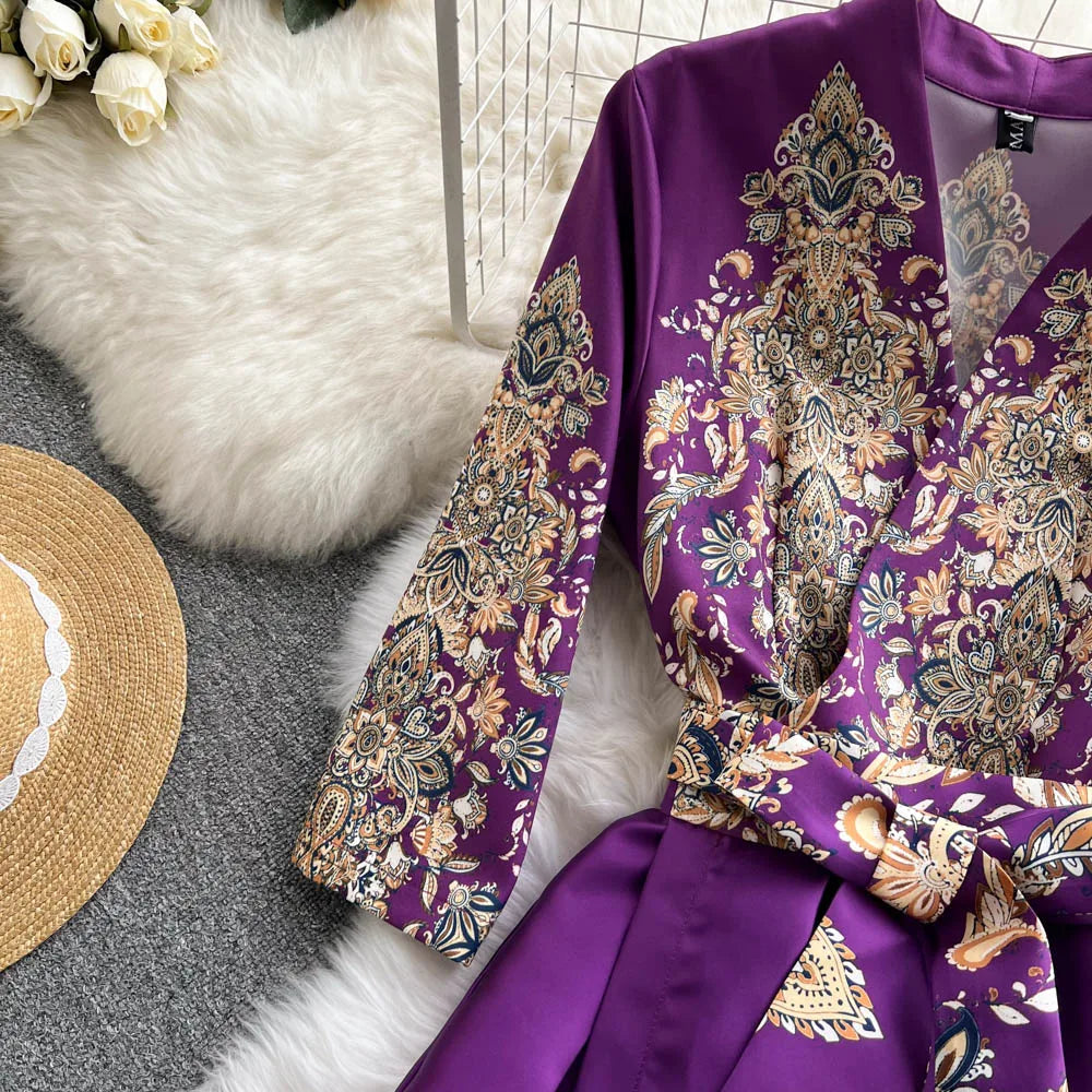 Pinkou Women Elegant Print Maxi Dress Cross V Neck Bow Tie Sashes Three Quarter Sleeve Female Chic Wrap Dresses Vestido QA815