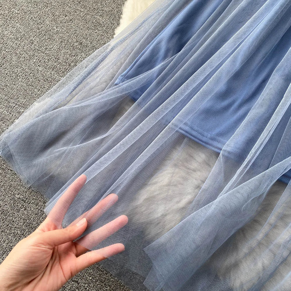 Retro Elegant Mesh Pleated two pieces Dress sets Sexy Fairy puff sleeve Summer Casual Vestidos Slim Women Evening Party Dress