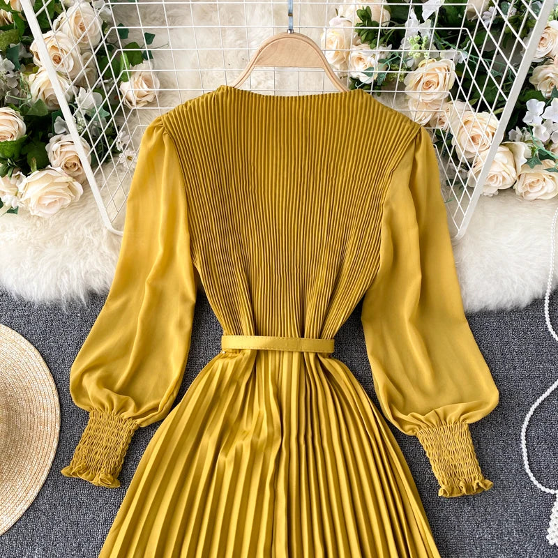 Chic Pleated Elegant Puff Sleeve Dress A-line Chiffon High Waist Belt Beach Vacation Party Dress Women Summer Spring Vestidos