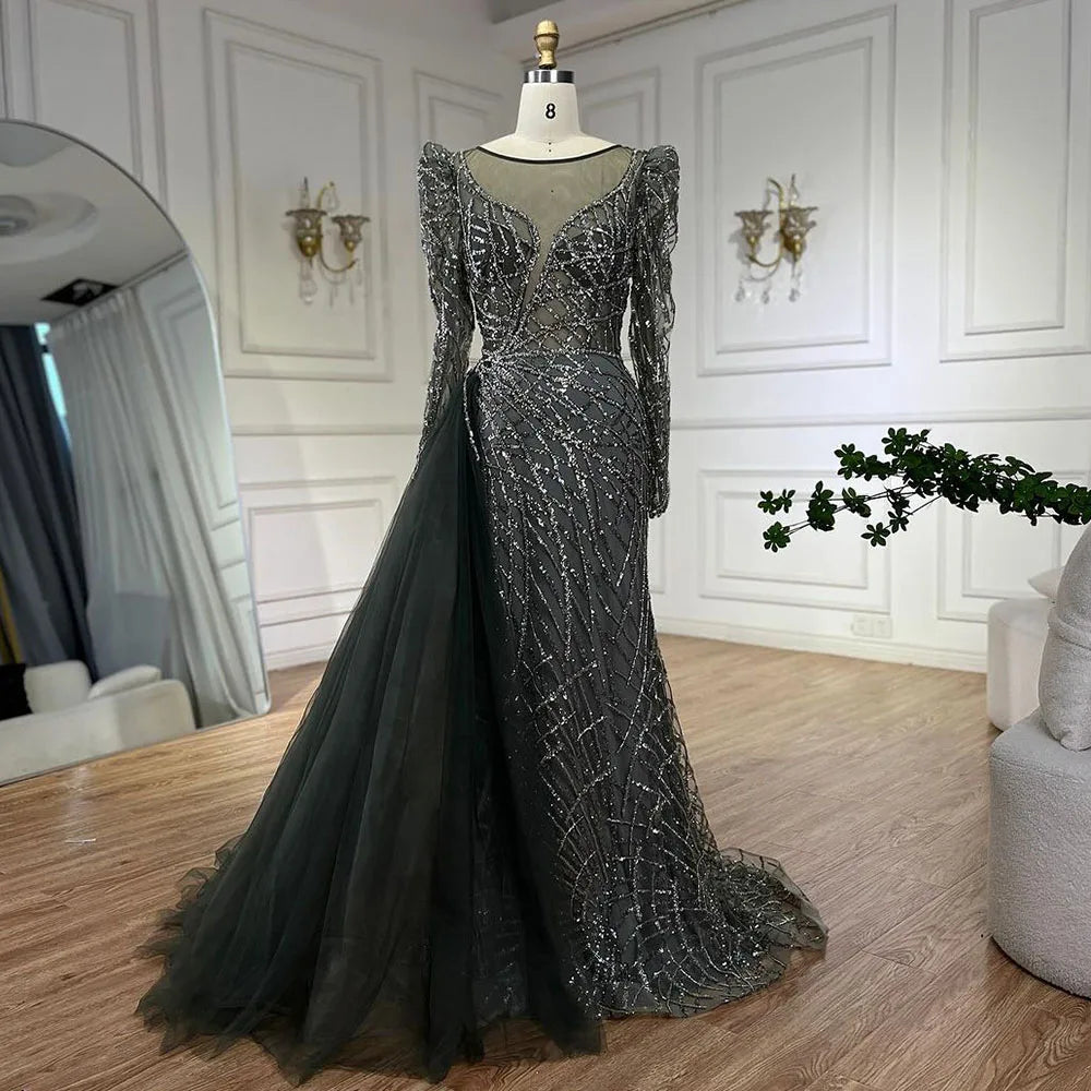 Serene Hill Muslim Gold Mermaid Beaded Luxury Dubai Evening Dresses Gowns With Overskirt 2024 For Women Party LA72206