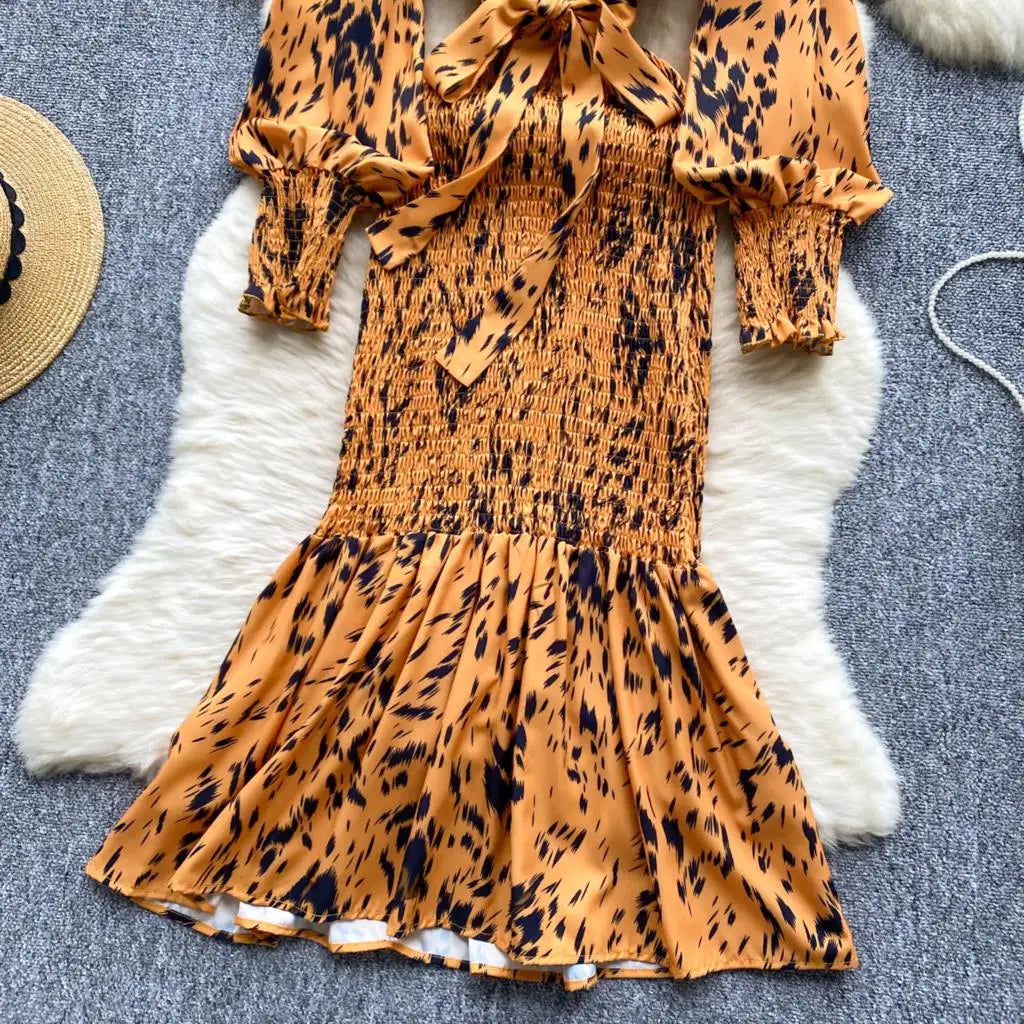 Women Casual Vintage Print Ruffle Long Dress Autumn Elegant V Neck Lantern Sleeve Party Mermaid Dresses Holiday Female Mujer New