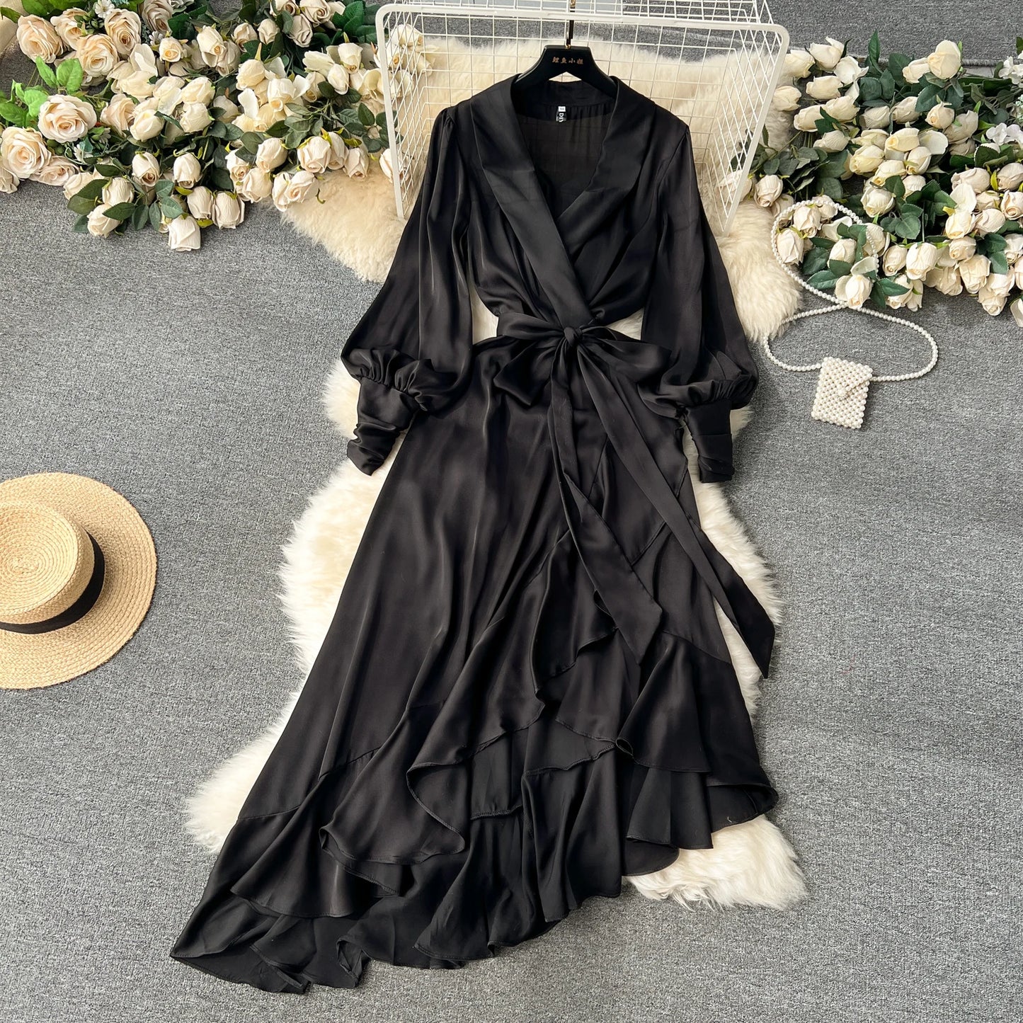 Women Elegant Satin Dress Summer Bandage High Waisted Ruffled Irregular Blazer Dresses Ladies A-line Vintage Party Long Robe