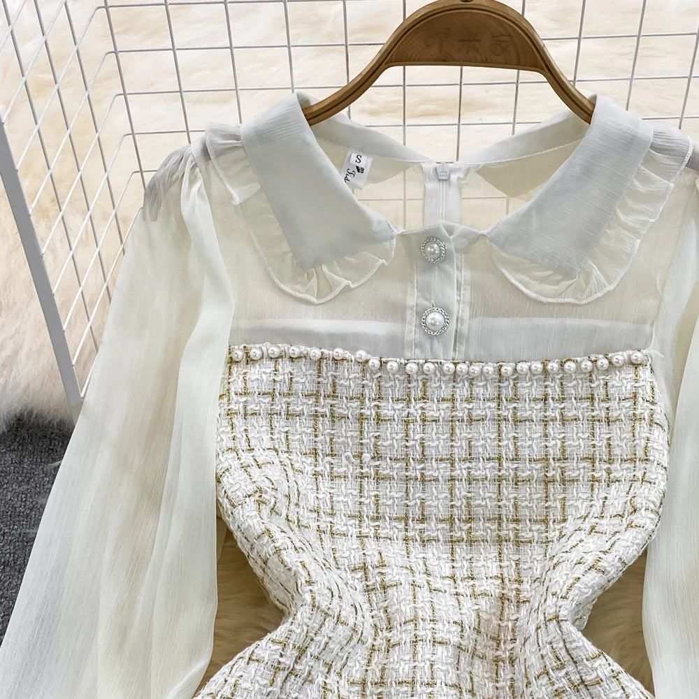 Autumn Fashion New Women Tweed Plaid Mini Dress Elegant Chiffon Patchwork Long Sleeve Dresses Female Casual One Piece Clothes