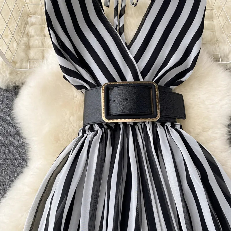 Women Chiffon Striped Jumpsuits Summer Sexy V-neck Sleeveless Elegant Wide-leg Long Pants Playsuits Ladies Dot Romper Overall