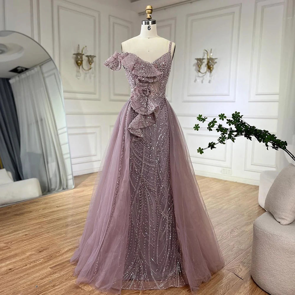 Serene Hill Golden Mermaid Evening Dress With Skirt - Women's Luxury Grey Beaded Spaghetti Strap Party 2024, LA72341