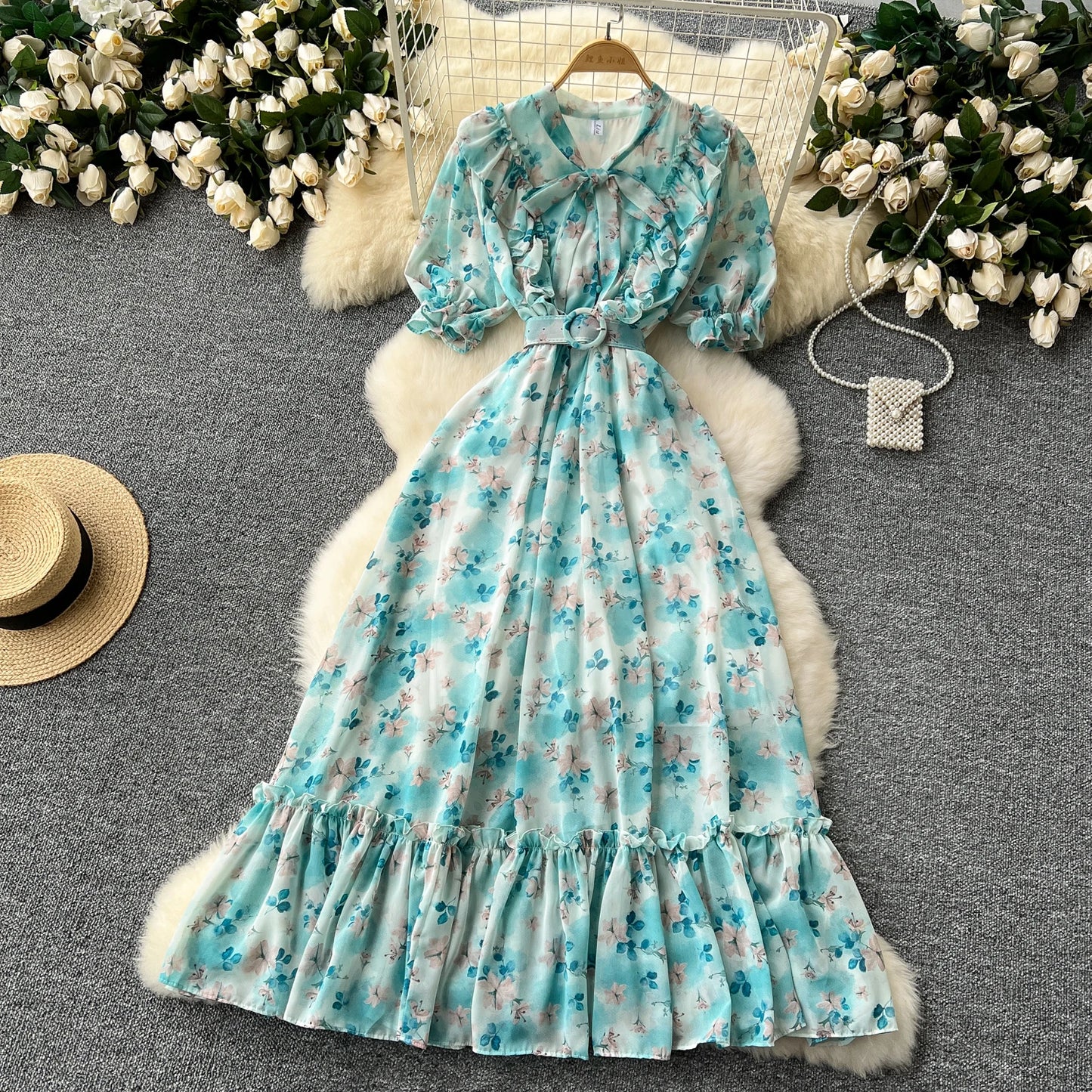 French Vintage Ruffle print chiffon Bandage Bow Puff Sleeves short Sleeves Dress Casual Women Fashion summer dresses