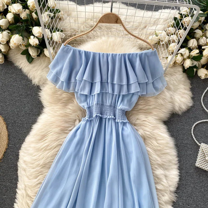 Women Chiffon Beach Dress Sexy Double Layer Ruffled Off The Shoulder Boho Dresses Ladies Sweet Slash Neck Long Dress
