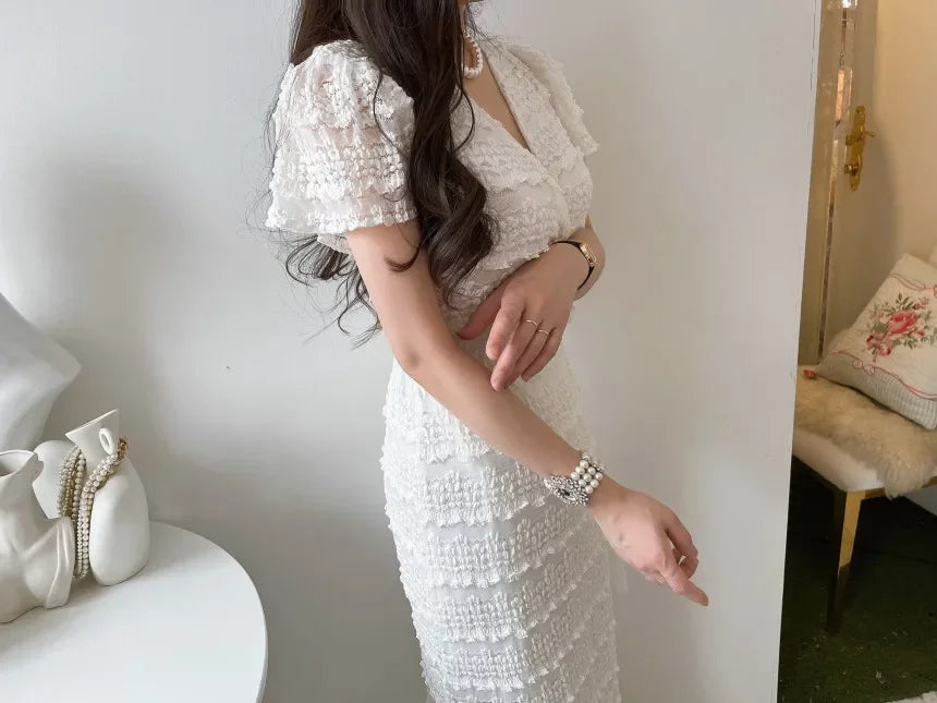 Women Elegant Bodycon Dress Summer Sexy V-neck Short Sleeve Korean Long Dresses Ladies Vintage Solid White Black Long Robe