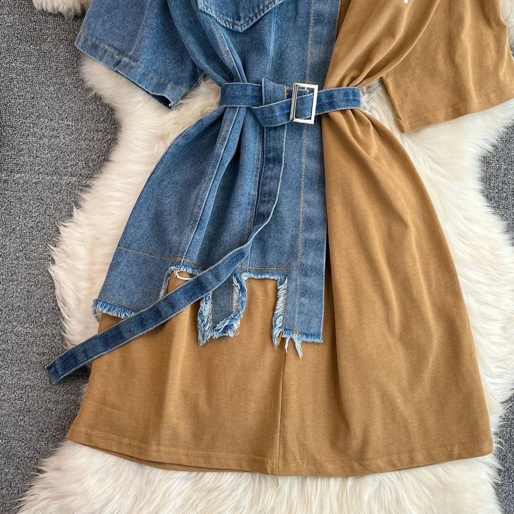Women Summer Casual T Shirt Short Sleeve Streetwear Patchwork Denim Long Shirts Female O-neck Slim Jeans Tops