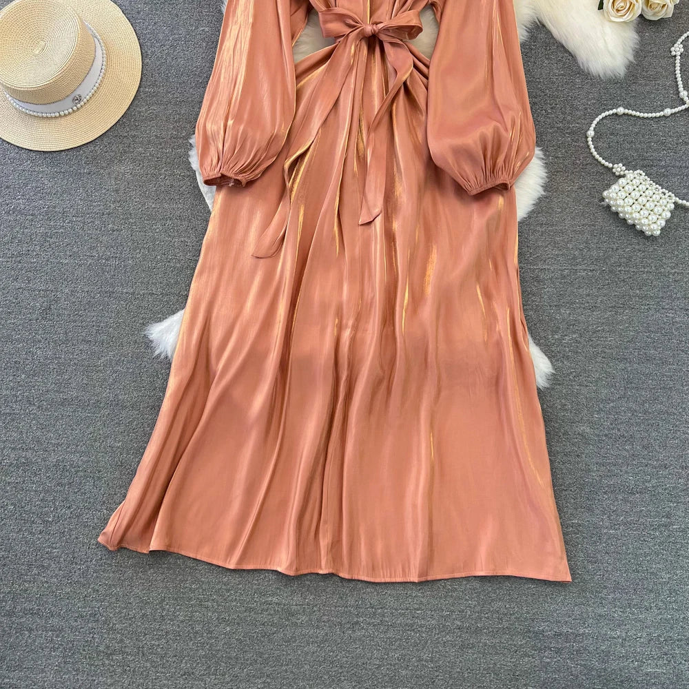Autumn Elegant Women Fashion Party Long Dress Bow Lace Up Long Sleeve Evening Dresses A-Line Casual Vestidos One Piece Prom Robe