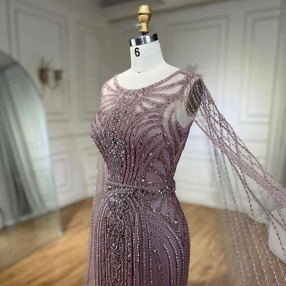 Serene Hill Brown Mermaid Elegant 2024 With Cape Sleeves Beaded Luxury Evening Dresses Gowns For Women Party LA70638