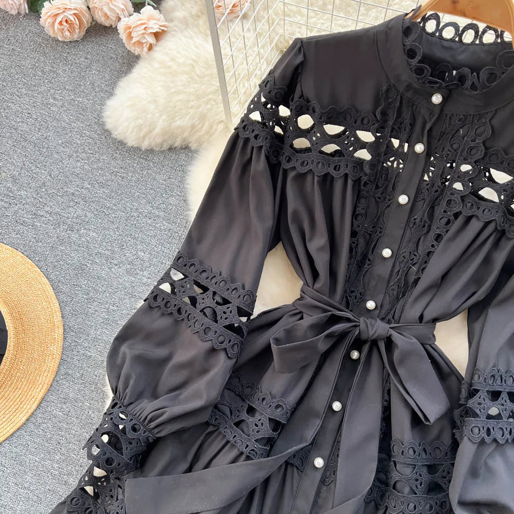 2023 Spring Summer Holiday Dress Women Stand Collar Long Sleeve Button Up Embroidery Trim Luxury Elegant Mini Dress With Belt