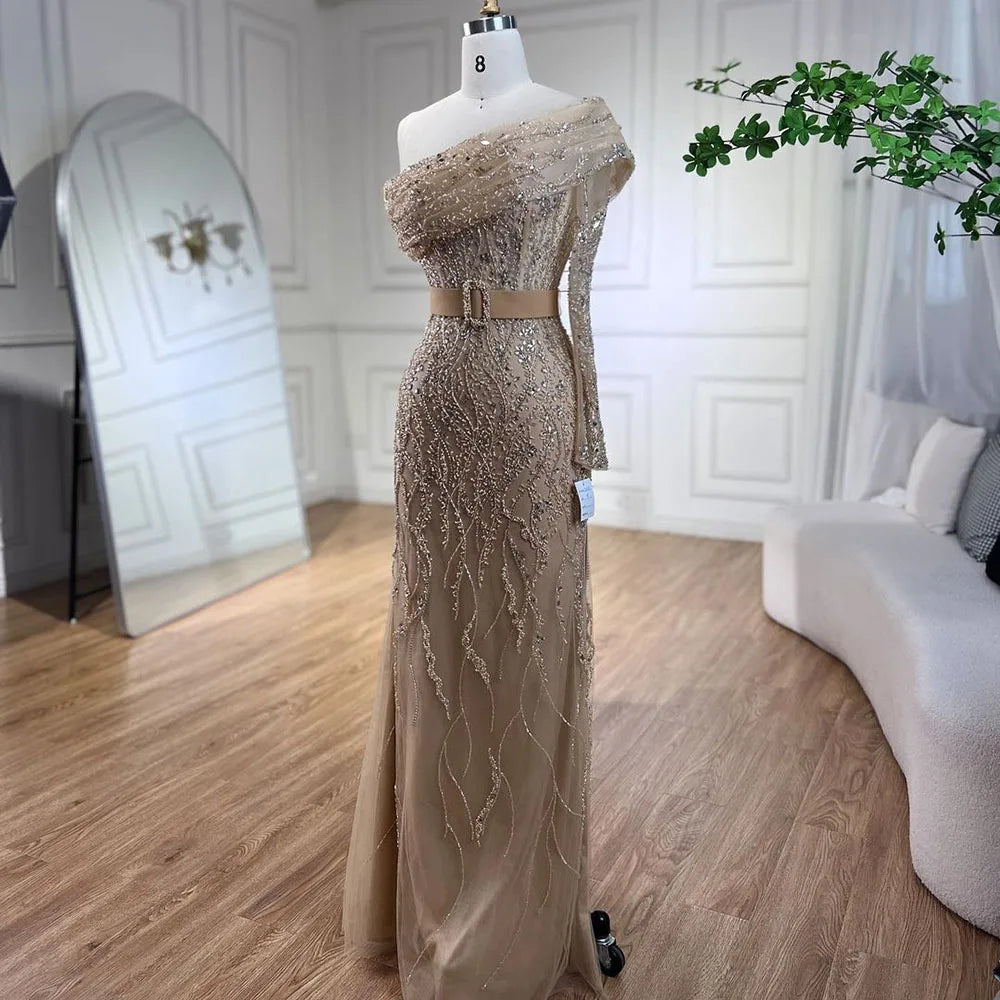 SERENE HILL 2024 Arabic Nude Mermaid One Shoulder Luxury Beaded Evening Party Dresses Formal Gowns For Women Wedding GLA72161