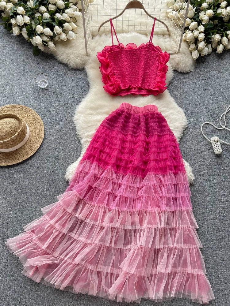New Women Two Piece Set Summer Three-dimensional Flower Mesh Vest Tank Tops+mesh Long Skirts Fashion Korean Outfits