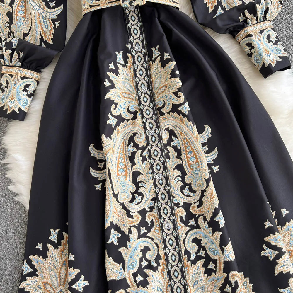 Retro Printed Party Dress Women Polo Collar Long Sleeve Elegant Long Dresses Spring Autumn French Single Breasted Shirt Dress