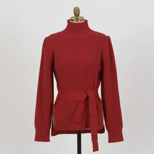 Elegant Half High Collar Strap Waist Tight Fit Design Fashionable Long Sleeve Sweater Women's Autumn/Winter New Warm Sweaters
