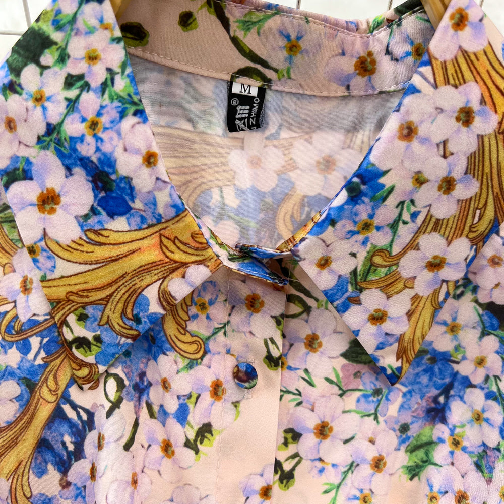 Vintage Print Elegant Lantern Long Sleeve Lapel A-line Dress Casual Women Fashion Autumn Spring Dress