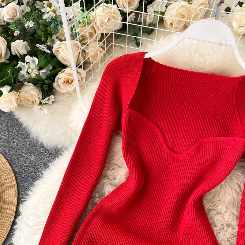 Women Long Sleeve Sexy Bodycon Dress with slit Vintage French Fashion Knit v neck Vestidos Basic Tight Elegant Slim Chic Dresses