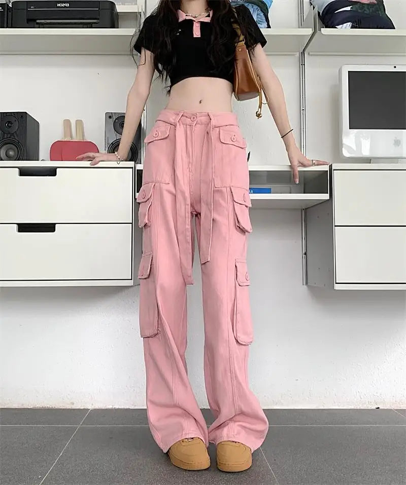Women's High Waist Cargo Pants with Lace Belt Street Multi Pocket Straight Leg Casual Trousers Spring Autumn New Y2K Vintage
