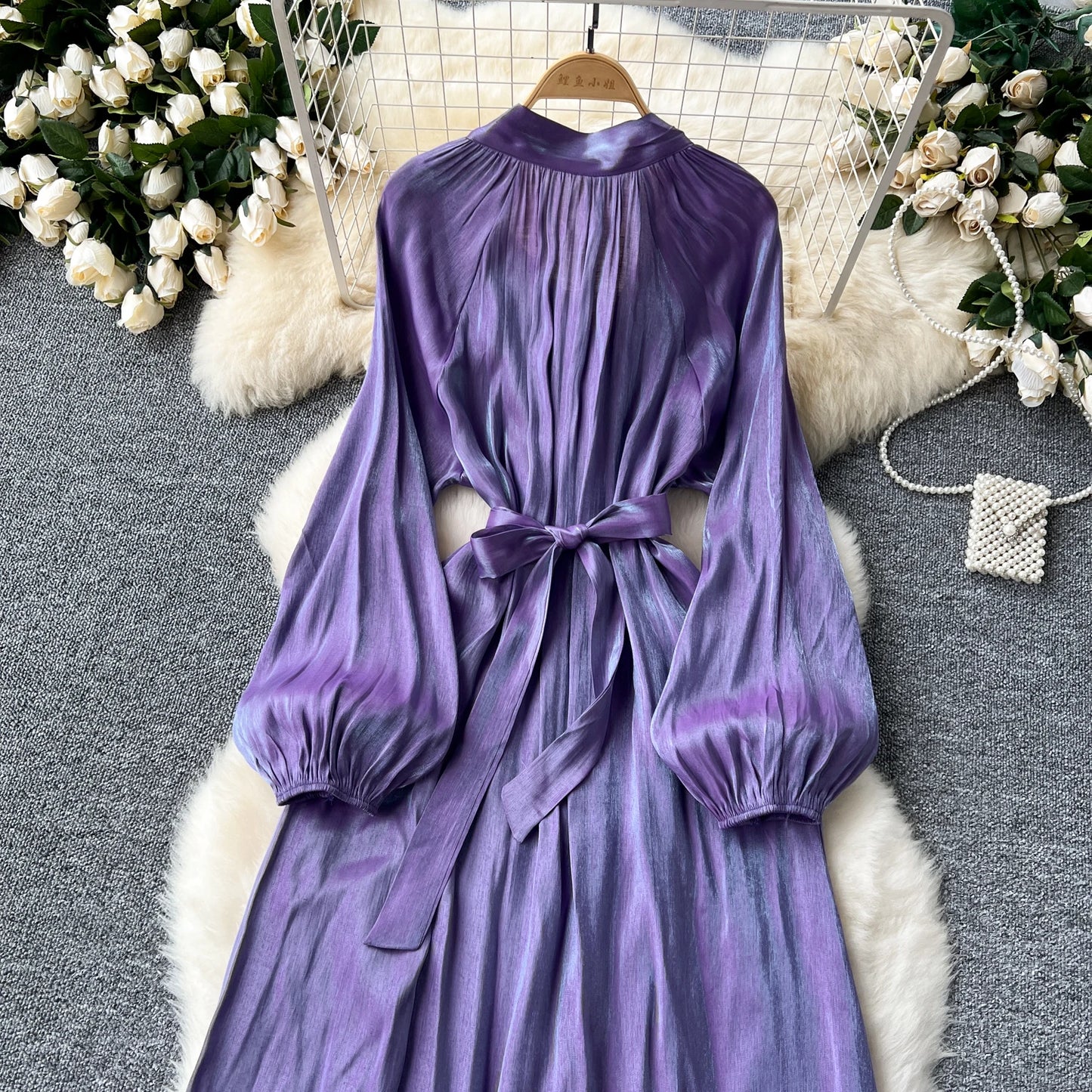 French Vintage Pleated lool sleeve print Lace-up Bow sweet Dress Casual Women Fashion summer dresses