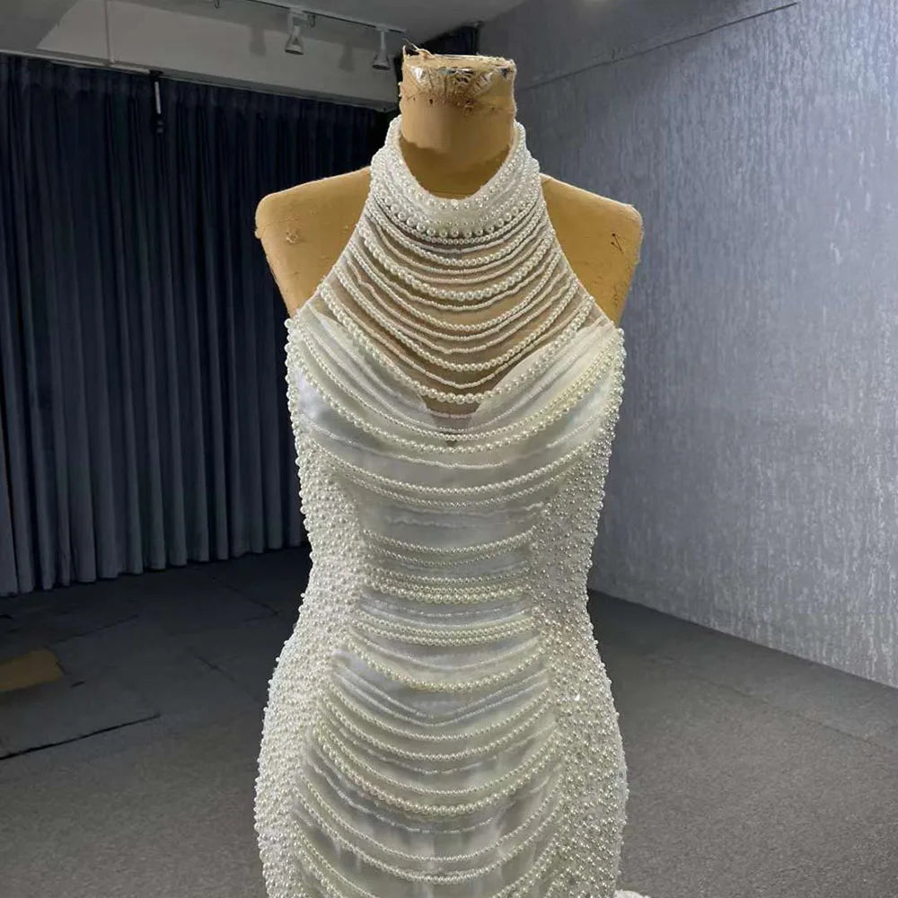 Serene Hill White champagne Mermaid Lace Up Luxury Pearls Beaded Bride Gowns Wedding Dress 2024 High End Custom Made HM231033