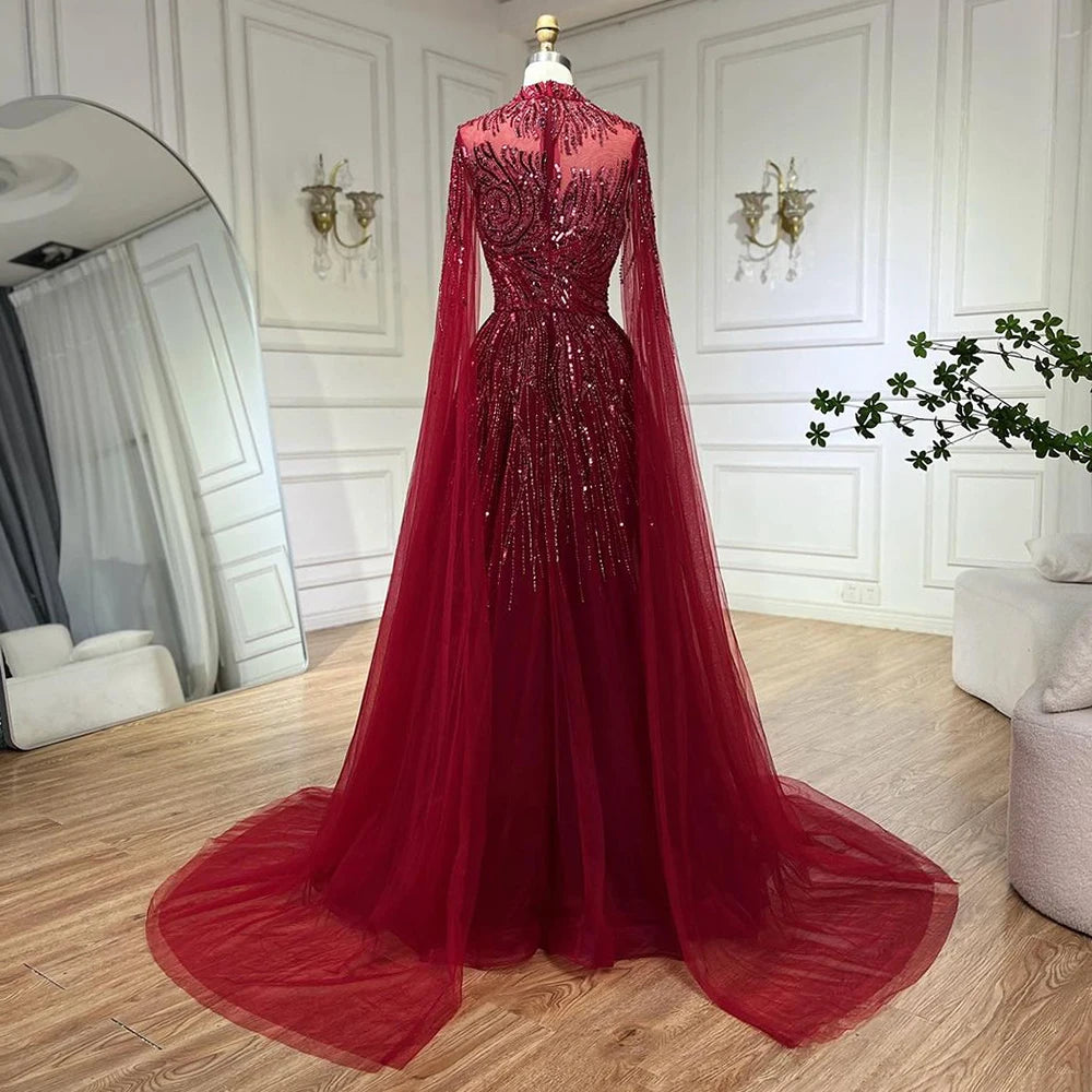 Serene Hill Caramel Luxury Evening Dresses with Cape Sleeves A-Line Beaded Lace Gown For Women's Wedding Party 2024 LA72386