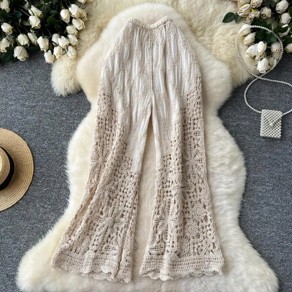 Korean Fashion Women Knitting Trousers Autumn Embroidery Splice Hollow Out High Waist Loose Casual Beach Long Wide Leg Pants New
