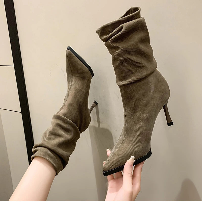 High Heel Women Pleated Ankle Boots Fashion Pointed Toe Slip On Shoes Dancing Party Dress Short Botas De Mujer