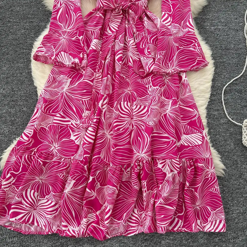 Women Vintage Print Dress for Women Autumn Flare Long Sleeves Lace Up Ruffles Slim Waist Evening Party Dresses A-Line Vestidos