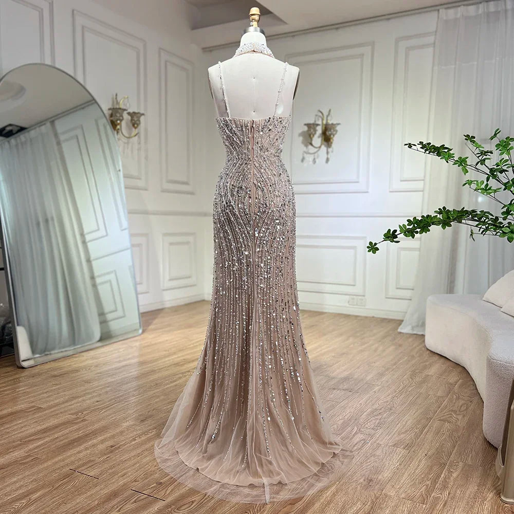 SERENE HILL 2024 Silver Nude Mermaid Spaghetti Straps Beaded Feathers Split Evening Dresses Long Gowns For Woman Party GLA72047B